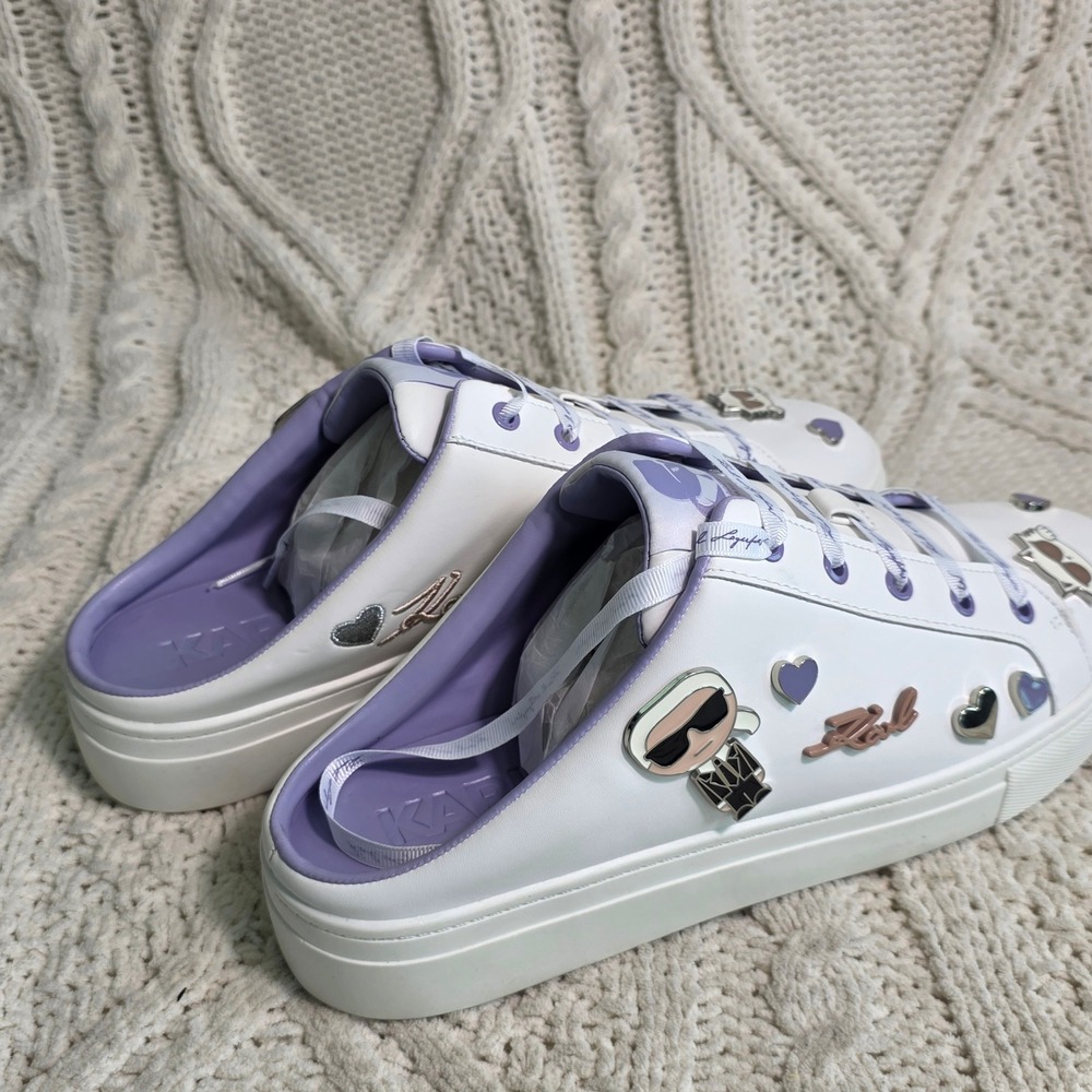 Karl Lagerfeld Paris Cambria Mule Sneakers Cat Charms White Purple Women 9 NEW - Picture 4 of 7
